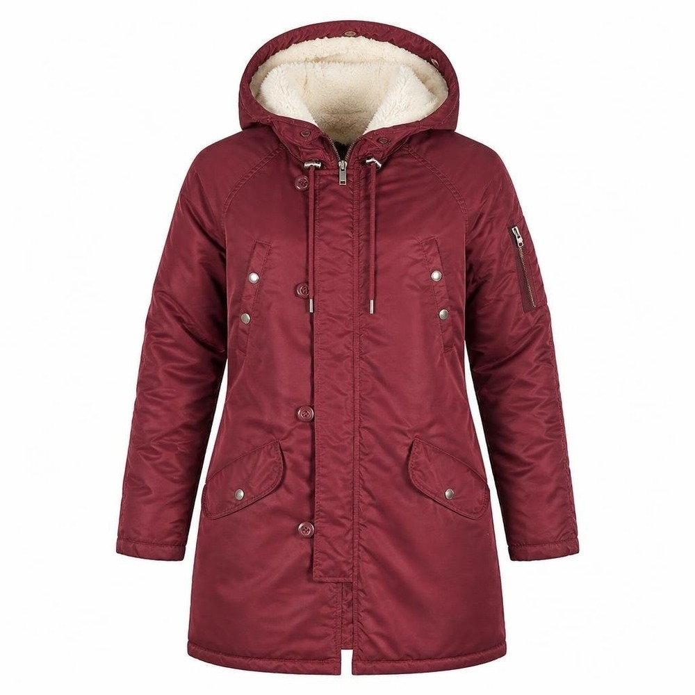 American Eagle Parka Coat Womens S Burgundy Long Faux Sherpa Fur Hood Utility